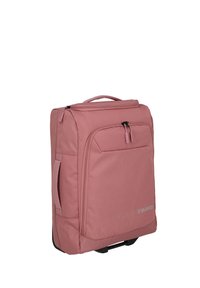Cabin bag con ruote rosa realizzato in tessuto resistente, dotato di una tasca frontale con zip, maniglia superiore e maniglia laterale, ruote che scorrono dolcemente.