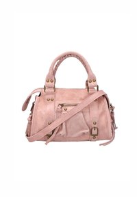 Borsa in finta suède rosa con due manici corti, una tracolla rimovibile, tasca con zip frontale e dettagli in ottone.
