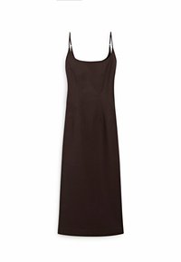 Black slip dress with thin straps, fitted bodice, and a straight silhouette, made from smooth fabric with minimal detailing.