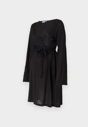 Black maternity wrap dress with long sleeves, v-neckline, and adjustable tie at the waist, made from a soft, breathable fabric.
