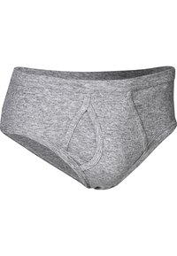 Grå bomuldsunderbukser med en glat tekstur, der har en formet frontpanel og elastisk talje. Simpelt design uden mønstre eller accenter.