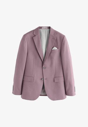 Light purple single-breasted blazer with notch lapels, two buttons, flap pockets, buttoned cuffs, and a white pocket square in the chest pocket.