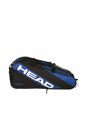 Bolsa deportiva negra y azul de la marca HEAD con múltiples compartimentos con cremallera y dos asas para transportar, diseñada para uso en equipo.