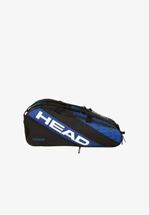 Borsa sportiva nera e blu del marchio HEAD con più scomparti con zip e doppie cinghie per il trasporto, progettata per l'uso di squadra.