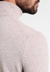 Man med mörkt skägg iförd en ljusbeige polotröja, visad från axeln till hakan i profil mot vit bakgrund.