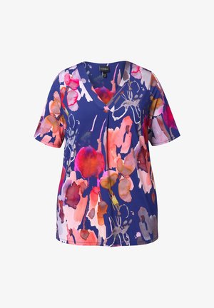 Donkerblauw V-hals T-shirt met korte mouwen en een levendige bloemenprint in roze, oranje en wit. Zachte textuur, relaxte pasvorm.