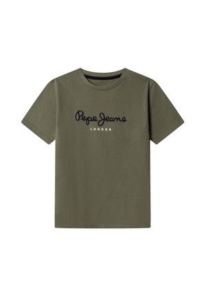 Olivgrünes Baumwoll-T-Shirt mit rundem Halsausschnitt, mit schwarzem "Pepe Jeans"-Text über "LONDON" in Weiß. Kurze Ärmel und gerader Saum.