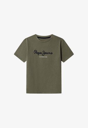Camiseta de algodón en verde oliva con cuello redondo, con el texto negro "Pepe Jeans" sobre "LONDON" en blanco. Manga corta y dobladillo recto.