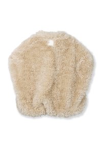 Chal beige de piel sintética con una textura suave y esponjosa y forma redonda. Cuenta con una abertura en la parte trasera para facilitar su uso.