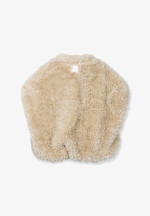 Châle en fausse fourrure beige avec une texture douce et duveteuse et une forme ronde. Dispose d'une ouverture à l'arrière pour faciliter l'enfilage.