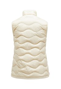 Gilet bouffant de couleur crème avec un motif en vagues, col montant et sans manches. Texture lisse, ourlet arrondi et un petit détail d'étiquette au bas.