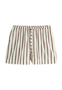 Gestreepte short in creme en bruin, met een elastische tailleband, trekkoord en zijzakken; gemaakt van lichtgewicht stof.