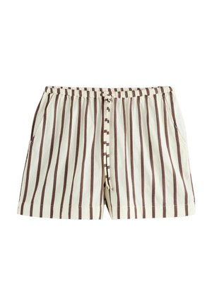 Gestreifte Shorts in Creme und Braun mit elastischem Bund, Kordelzug und Seitentaschen; aus leichtem Stoff gefertigt.