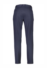 Pantalons navy à jambe droite avec une texture lisse, deux poches arrière et passants de ceinture, présentant une finition soignée et une coupe ajustée.