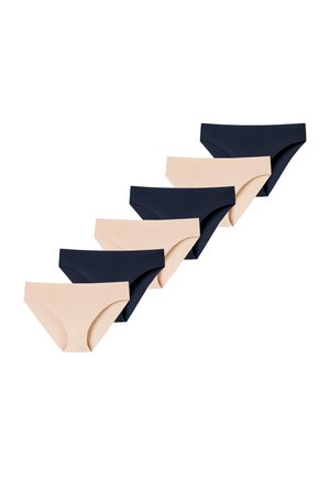 Ein Set aus sechs nahtlosen Damen-Bikinislips in abwechselnden Beige- und Schwarztönen auf weißem Hintergrund.
