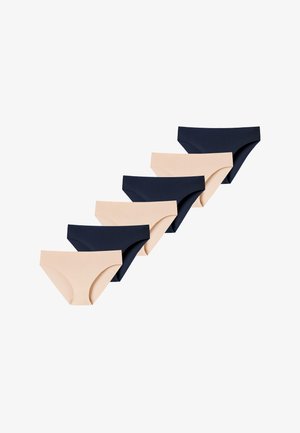 Un ensemble de six culottes bikini sans coutures pour femmes en beige et noir alternés sur fond blanc.