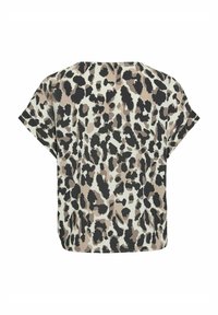 Kreemivärvi lühikeste varrukatega särk, millel on leopardimuster mustades, taupe'ides ja pruunides toonides. Mugav lõige ja sirge alläär.