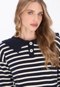 Maglione a righe blu navy e bianco con colletto blu navy testurizzato, due bottoni bianchi e una vestibilità rilassata.