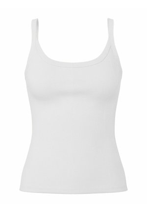 White ribbed tank top with a scoop neckline, narrow shoulder straps, and fitted silhouette, featuring a smooth texture and no embellishments.