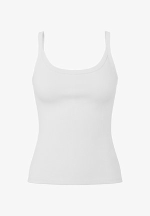 White ribbed tank top with a scoop neckline, narrow shoulder straps, and fitted silhouette, featuring a smooth texture and no embellishments.