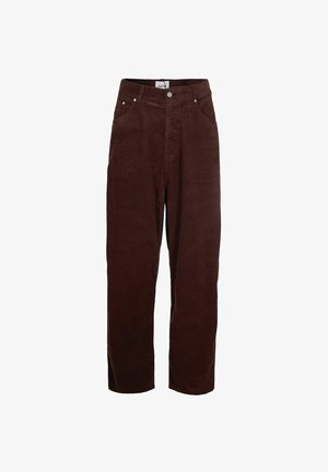 Pantaloni ampi in corduroy marrone con chiusura a bottone e tasche frontali. Presentano un tessuto testurizzato con righe verticali e una vestibilità rilassata.