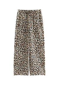 Leopardenmuster weite Hose, aus weichem Stoff, mit elastischem Bund und Kordelzug, in Beige-, Schwarz- und Brauntönen.