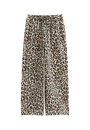 Pantalons larges en imprimé léopard, fabriqués dans un tissu doux, avec une taille élastique et un cordon de serrage, aux teintes de beige, noir et marron.