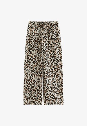 Lettuceprint wijdlopende broek, gemaakt van zachte stof, met een elastische tailleband en trekkoord, in tinten van beige, zwart en bruin.