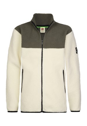 Fleecejack met volledige ritssluiting, olijfgroene bovenkant en crèmekleurige onderkant, met ritssluiting zijzakken en een hoge kraag.