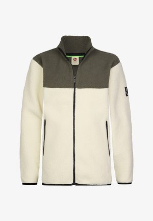 Fleecejack met volledige ritssluiting, olijfgroene bovenkant en crèmekleurige onderkant, met ritssluiting zijzakken en een hoge kraag.