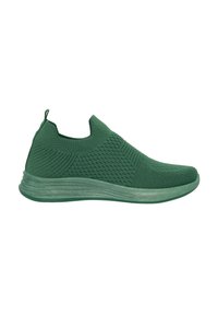 Scarpa slip-on verde lavorata a maglia con una tomaia texturizzata, colletto aderente e una suola verde liscia e leggermente curvata.