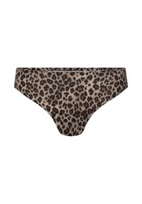Lage taille bikini-onderbroek met een bruin en zwart luipaardprintpatroon op een beige achtergrond.