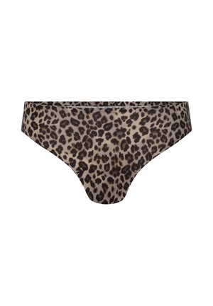 Lage taille bikini-onderbroek met een bruin en zwart luipaardprintpatroon op een beige achtergrond.
