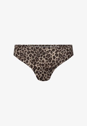 Low-rise bikini-style underwear with brown and black leopard print pattern on beige background.
