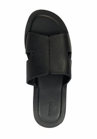 Black slide sandal made of textured leather with two wide straps and a smooth footbed. Features brand logo on the sole.