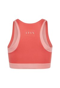 Korallszínű sportmelltartó kontrasztos rózsaszín díszítéssel, széles pántokkal és testhezálló fazonnal. Elől egy diszkrét logó található a középen.