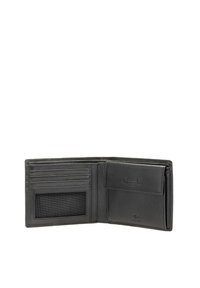 Portafoglio in pelle nera con finitura texturizzata, dotato di molteplici scomparti per carte, una finestra per l'ID e un singolo scomparto per contanti.