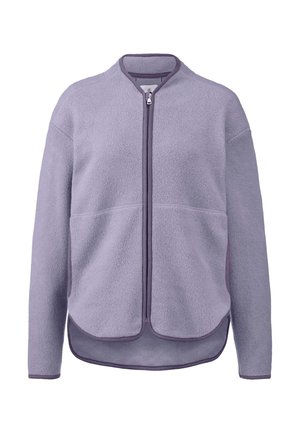 Hellviolette Fleece-Jacke mit rundem Ausschnitt, vorderem Reißverschluss, Seitentaschen und kontrastierendem, dunklerem Saum entlang der Kanten.
