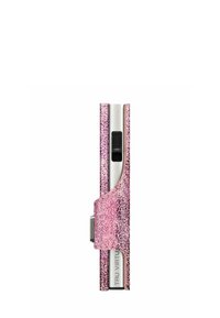 Leather wallet in pink with a textured finish. Features a silver metal accent and a black slot. Slim, vertical design for easy handling.
