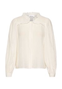 White long-sleeve blouse made of lightweight fabric, featuring a ruffled collar and button front, with slightly puffed sleeves.