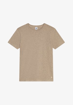T-shirt beige à manches courtes avec col rond et petit logo circulaire près de l'ourlet inférieur sur fond blanc uni.