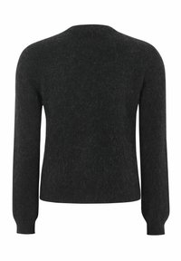 Czarny długi sweter z wełny z długim rękawem o puszystej teksturze, pokazany z tyłu, z prostym dołem i ściągaczami przy mankietach.