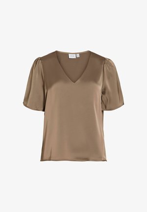 Blouse en satin taupe avec manches courtes bouffantes et col en V, étiquetée "Vila", présentée sur un fond blanc.