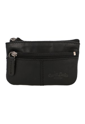 Piccolo portamonete in pelle nera con due zip orizzontali, una frontale e una superiore, caratterizzato da dettagli cuciti.