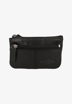 Piccolo portamonete in pelle nera con due zip orizzontali, una frontale e una superiore, caratterizzato da dettagli cuciti.