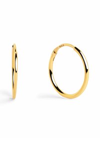 Pendientes de aro dorados con un acabado suave, forma circular, que presentan un diseño abierto en un lado para un cierre seguro y un interés visual añadido.