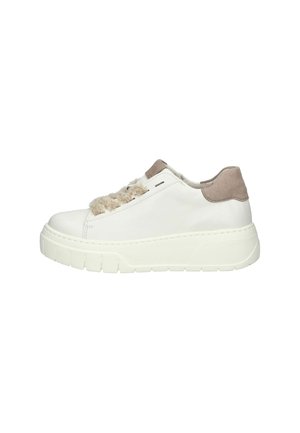 White leather sneaker with a textured beige accent at the heel. Features a plush lace detail and a thick, patterned rubber sole.