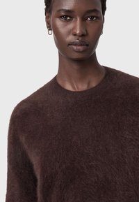 Dunkelbrauner Strickpullover mit weicher, flauschiger Textur und rundem Ausschnitt. Der Stoff ist leicht und etwas locker geschnitten.