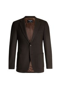 Bruine blazer met twee voorzakken, enkele knoopsluiting en een gladde bruin satijnen voering. Tailleurontwerp en gestructureerde silhouet.