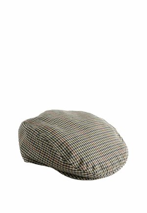 Flad cap lavet af tekstureret stof med et ternet mønster i beige, marineblå og burgunder, med en rund form og syet skygge.